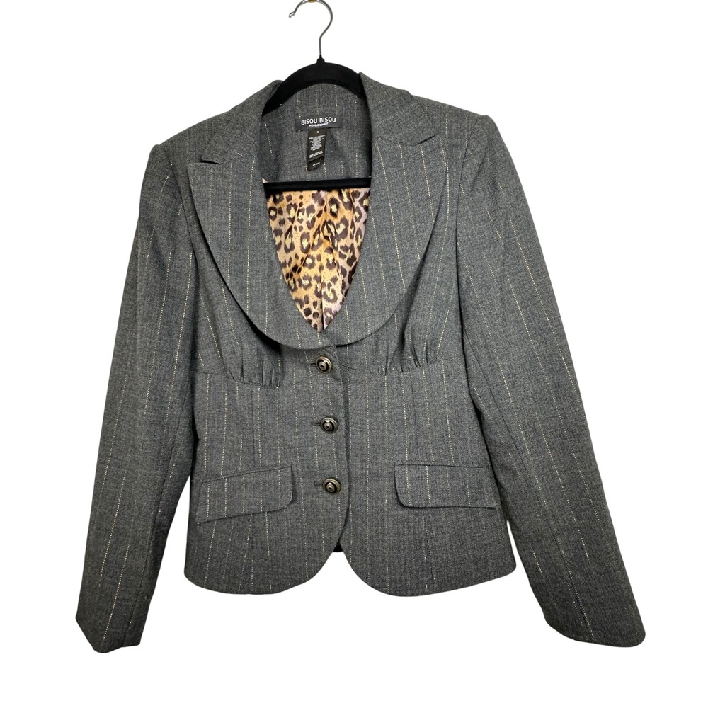 BISOU BISOU Michele Bohbot Women's Gray Pinstripe Blazer Jacket Babydoll Y2K